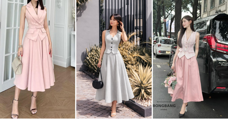 Áo vest gile chiết eo nữ phối chân váy xòe bồng bềnh chuẩn tiểu thư.