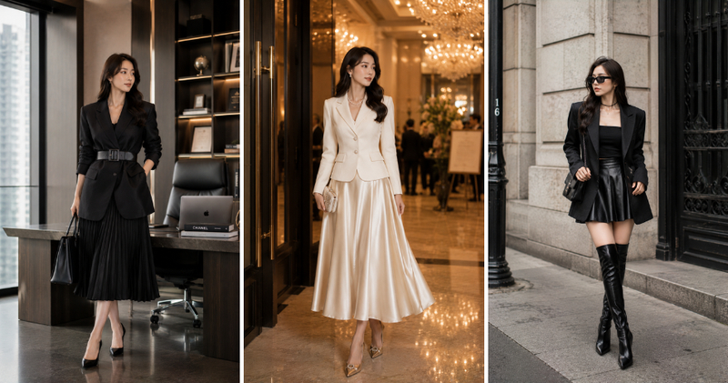 Cách dễ nhất để trông cao ráo hơn khi mix áo vest với chân váy xòe là diện trang phục đồng màu hoặc đơn sắc.