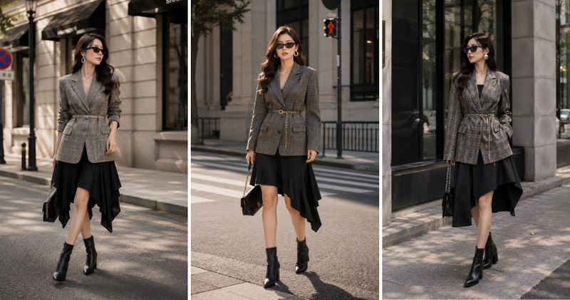 Chọn áo vest oversize họa tiết kẻ caro phối thắt lưng dạng dây xích hoặc corset để mặc cùng chân váy xòe bất đối xứng.