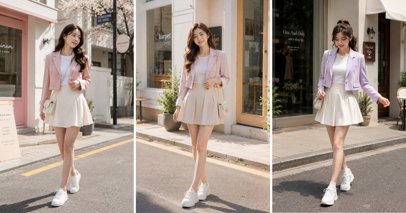 Mặc áo vest lửng màu pastel ngọt ngào kết hợp với chân váy xòe cạp cao dáng ngắn và áo thun ôm body.