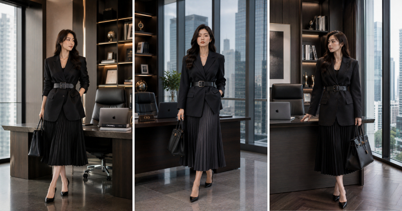 Sử dụng áo vest oversize tối màu có thắt lưng da bản to khoác ngoài chân váy xòe midi xếp ly nhuyễn.