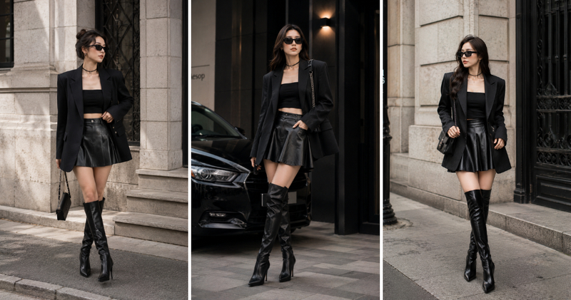 Chân váy da mang đến vẻ ngoài cực chất, kết hợp cùng áo blazer dáng oversized sẽ tạo nên sự cân bằng hoàn hảo.