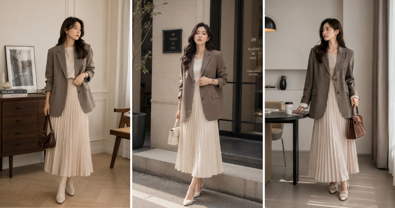 Chân váy xếp ly dài mix blazer mang đến diện mạo vô cùng thanh lịch, sang trọng.