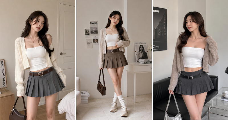 Áo quây ôm sát kết hợp cùng chân váy xếp ly ngắn mang lại vẻ ngoài cá tính.