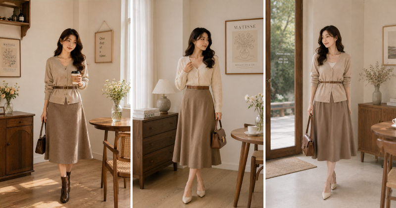 Cardigan cài cúc hay khoác ngoài cùng chân váy chữ A dáng midi sẽ giúp định hình vóc dáng, tạo tỷ lệ cơ thể cân đối.