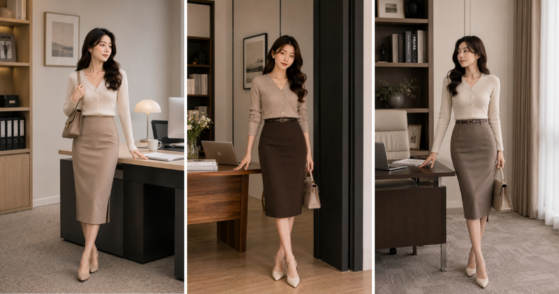 Cardigan dáng ôm khi kết hợp với chân váy bút chì tôn lên đường cong cơ thể một cách tinh tế.