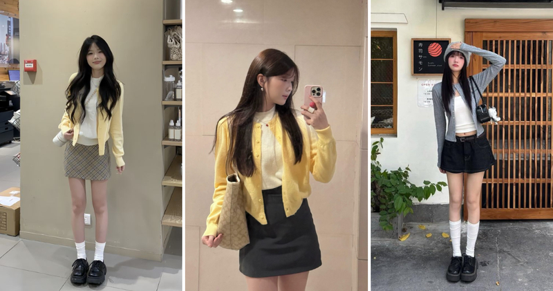 Cardigan khoác hờ bên ngoài phối chân váy chữ A ngắn mang đậm phong cách preppy trẻ trung và năng động.