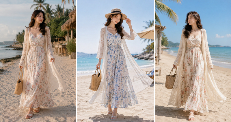 Cardigan mỏng nhẹ dáng dài kết hợp cùng váy maxi đi biển giúp che chắn ánh nắng và tăng thêm vẻ thướt tha, lãng mạn.