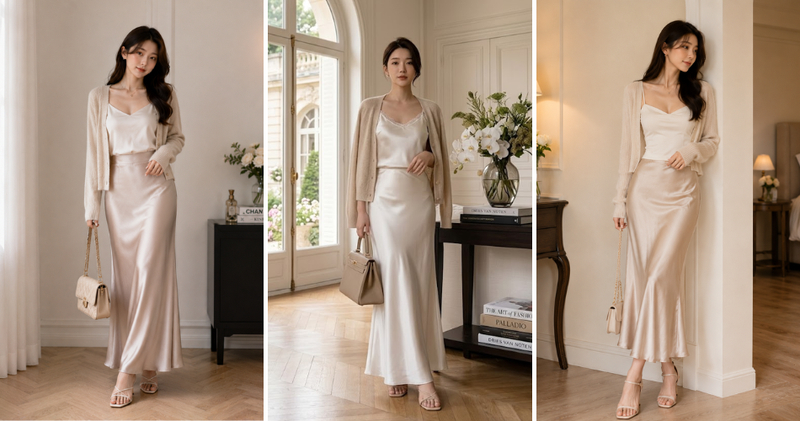 Chân váy lụa (satin) dài kết hợp cùng áo hai dây và một chiếc cardigan len mỏng khoác ngoài để có một diện mạo vô cùng thanh lịch, tinh tế.