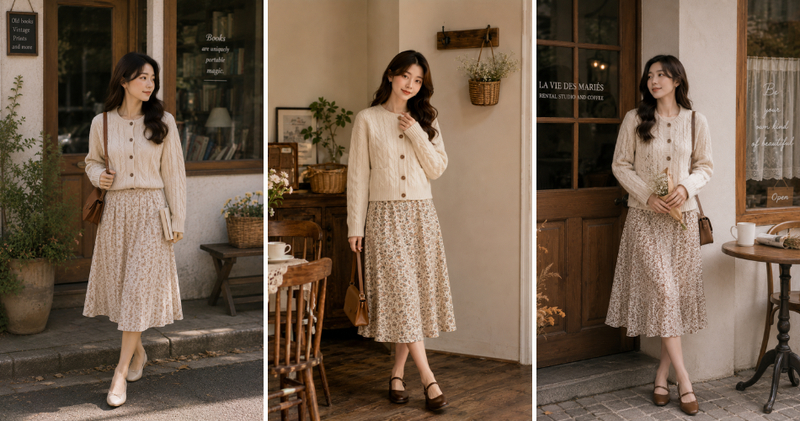 Chiếc cardigan len vặn thừng dày dặn kết hợp cùng chân váy midi họa tiết hoa nhí tạo nên một tổng thể cổ điển, dịu dàng và đầy chất thơ.