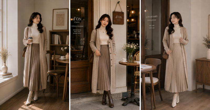 Sự kết hợp giữa áo cổ lọ, chân váy xếp ly dài thướt tha và cardigan dáng dài vừa đảm bảo độ ấm áp, vừa mang lại vẻ ngoài đậm chất thời trang Hàn Quốc.