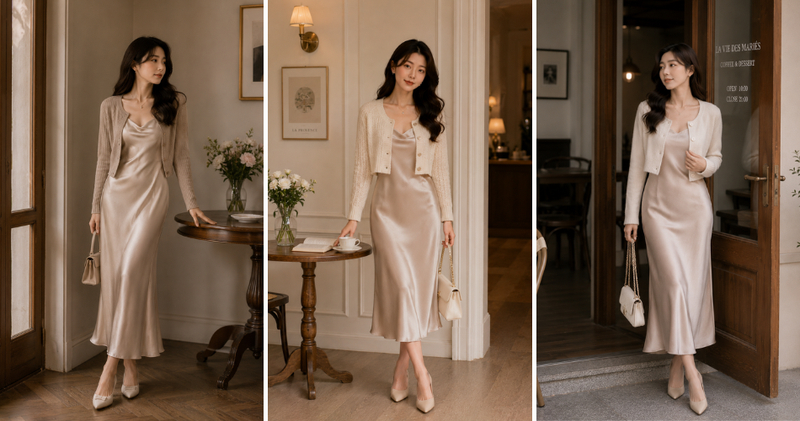 Sự kết hợp giữa váy lụa và áo cardigan dáng lửng tạo nên vẻ ngoài vừa gợi cảm vừa e ấp, cực kỳ quyến rũ.