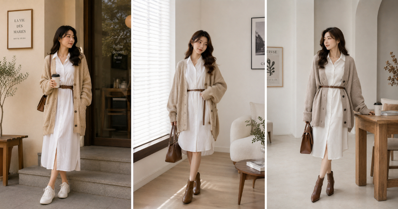 Váy sơ mi trắng thanh lịch kết hợp cùng cardigan oversize mang lại cảm giác thoải mái, phá cách và hiện đại.