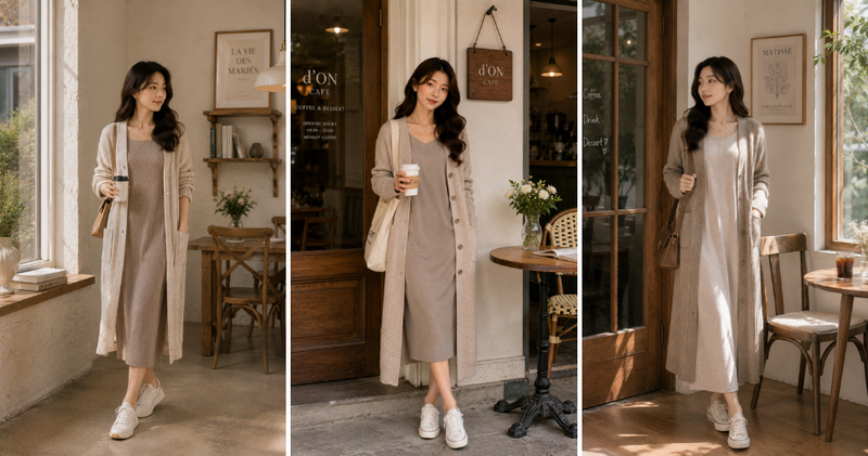 Váy suông thun khoác thêm cardigan dáng dài sẽ có một set đồ vừa phóng khoáng, vừa thanh lịch.