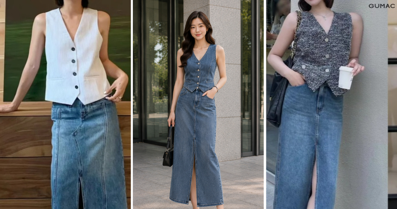 Áo gile phối chân váy jean dài cá tính