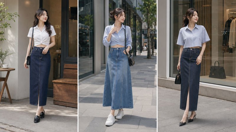 Chân váy jean dài mix áo sơ mi croptop