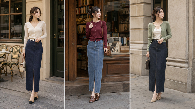 Áo cardigan mỏng phối chân váy jean dài dáng bút chì mùa đông