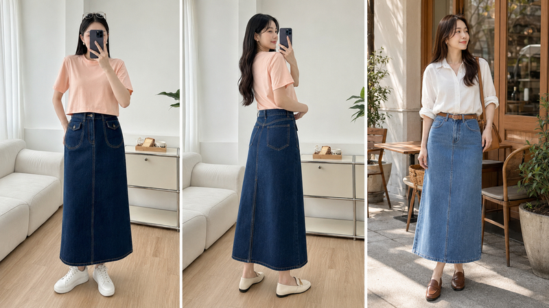Chân váy jean dài thiết kế đơn giản, dễ phối áo sơ mi, áo thun