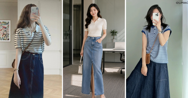 Sành điệu cùng chân váy jeans dài và áo polo Chân váy jeans dài xẻ tà mix áo polo công sở