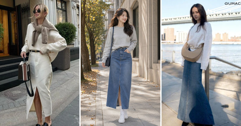 Chân váy bò dài mix áo sweater trẻ trung mùa đông