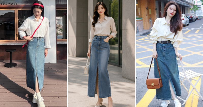Chân váy jean dài phối áo sơ mi nữ công sở