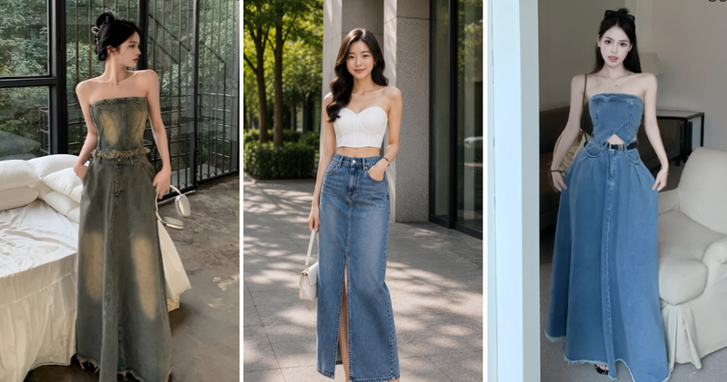 Chân váy jean dài mix croptop cúp ngực