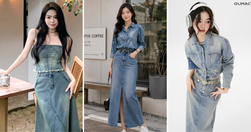 Chân váy jean dài phối áo jean họa tiết phong cách jean on jean