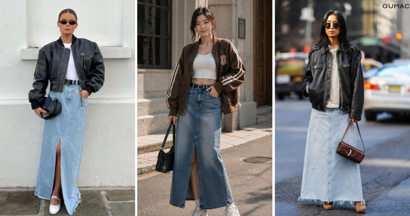 Chân váy jean dài phối áo khoác bomber và croptop mùa đông