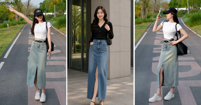 Váy rời jean dài xẻ tà khoe đôi chân thon gọn