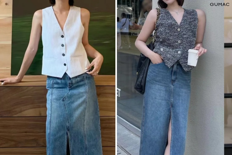Áo gile mix chân váy jean dài