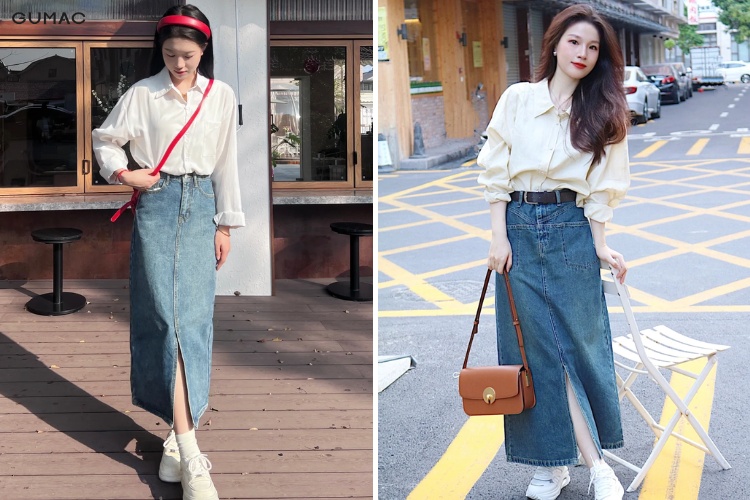 Áo sơ mi phối cùng chân váy jean dài