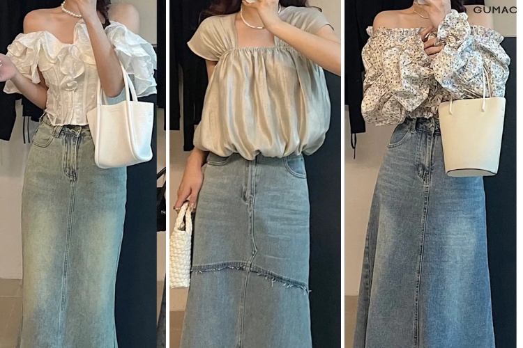 Áo tay bồng cổ bèo nữ tính phối chân váy jean dài