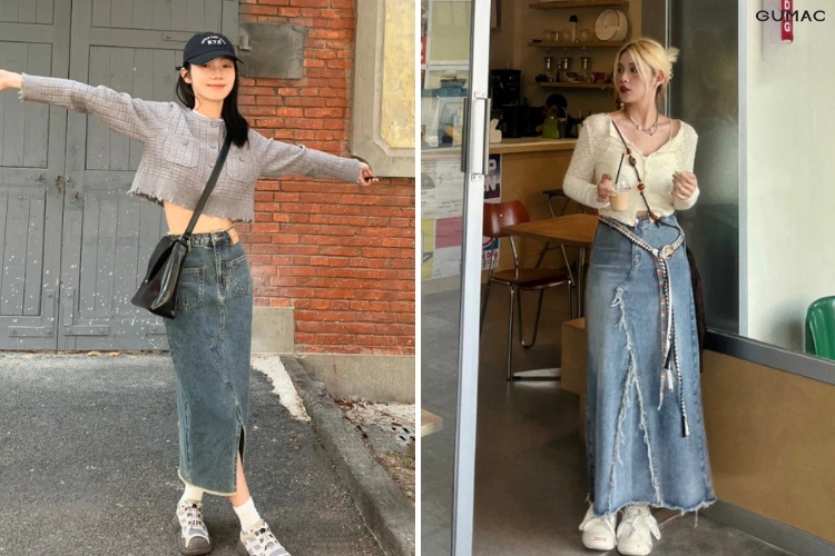 Chân váy jean dài phối cardigan mỏng
