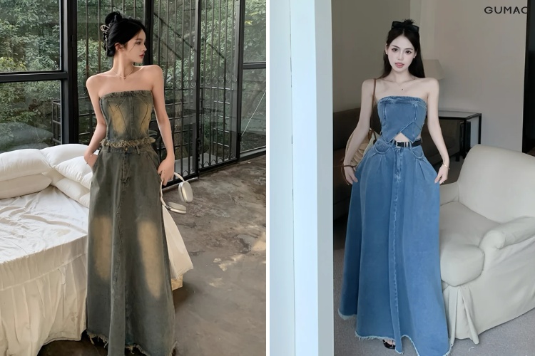 Chân váy jean dài phối cùng croptop cúp ngực