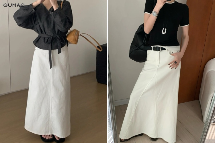 Chân váy jean trắng dài