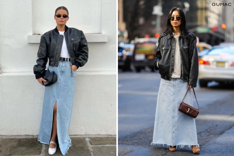 Jacket bomber mix chân váy jean dài