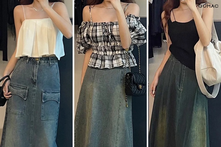 Kết hợp chân váy bò cùng áo hai dây