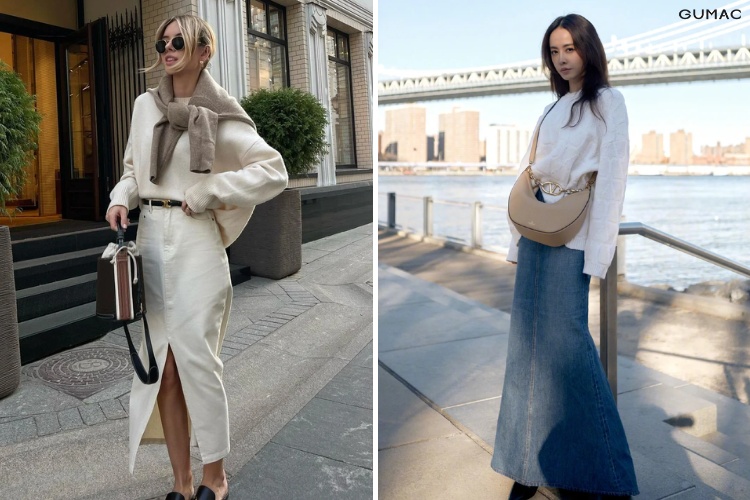 Mix chân váy bò cùng áo sweater