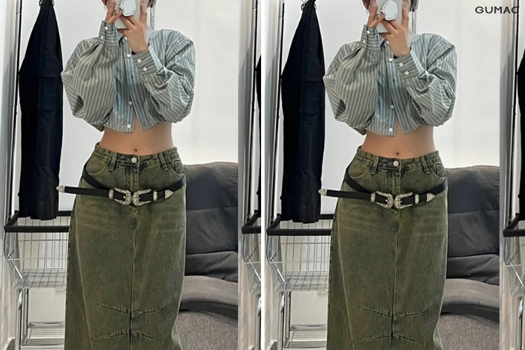 Mix chân váy jean dài cùng áo sơ mi croptop