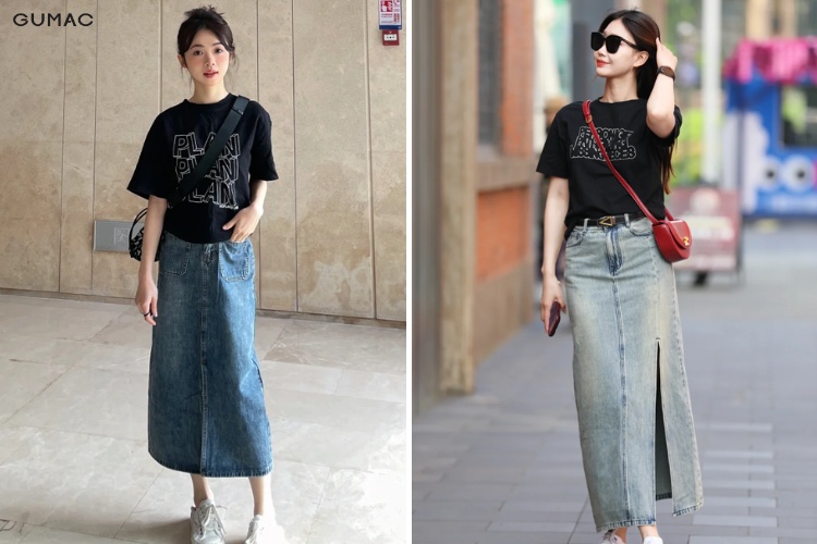 Phối áo phông cùng chân váy jean dài