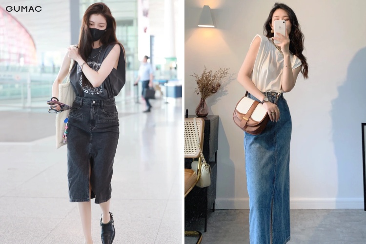 Phối chân váy jean dài cùng áo thun cộc tay