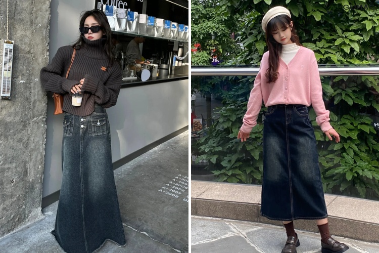 Phối chân váy jean dài với áo len cổ lọ