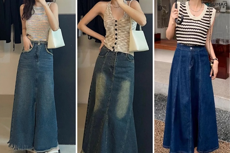 Phối đồ chân váy jean dài với áo tanktop