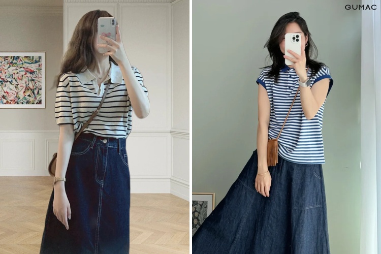 Sành điệu cùng chân váy jeans dài và áo polo