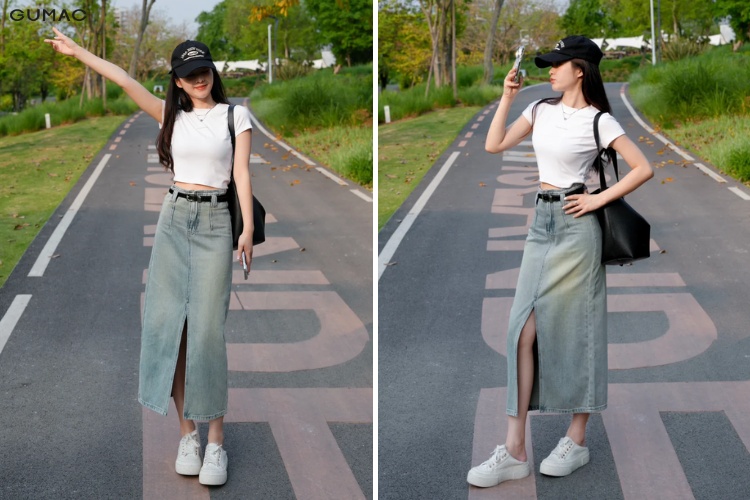 Váy rời jeans dài xẻ tà