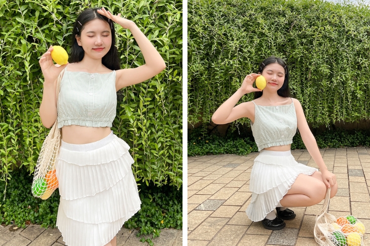 Áo hai dây mix đồ đi biển cùng váy rã tầng