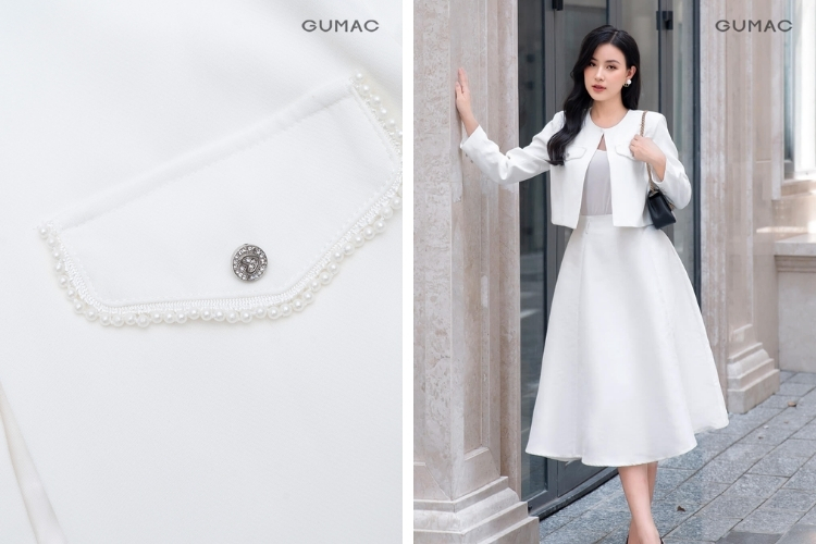 Phụ nữ trung niên đẳng cấp với kiểu áo khoác viền ngọc quý phái