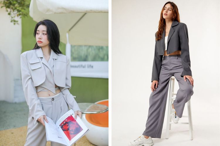 Áo khoác blazer croptop mix quần ống rộng