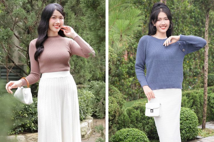 Áo len mix với chân váy&nbsp;trắng