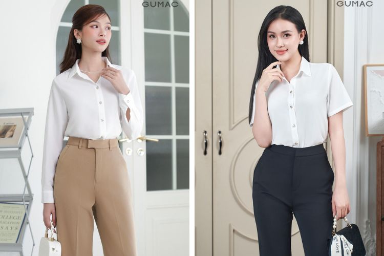 Áo sơ mi trắng phối với quần tây cạp cao